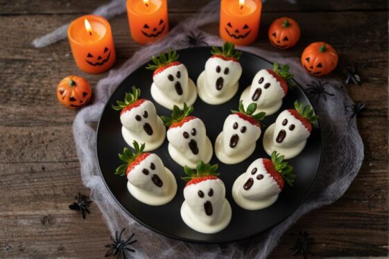 Fresas cubiertas de chocolate blanco decoradas como fantasmas con ojos y bocas de chocolate negro, sobre un plato negro con velas y calabazas de Halloween al fondo.
