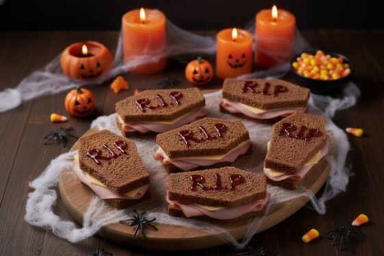 Sándwiches de Halloween en forma de ataúd decorados con las letras R.I.P. hechas con crema de vinagre balsámico de Módena, sobre una bandeja con velas y calabazas.