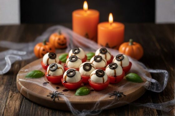 Aperitivo de Halloween con tomates cherry, bolitas de mozzarella y aceitunas negras decoradas como ojos, sobre una bandeja con velas naranjas y calabazas de fondo.